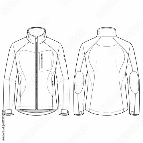 Technical Drawing of a Softshell Jacket Front and Back View.