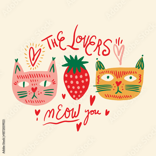 Whimsical Funny Adorable Cat Faces and Strawberries Collection Cute Cats, Portrait Muzzle Childish Baby Hand-Drawn Party Sweet Doodle Set with Stars EPS Vector Illustration Clipart