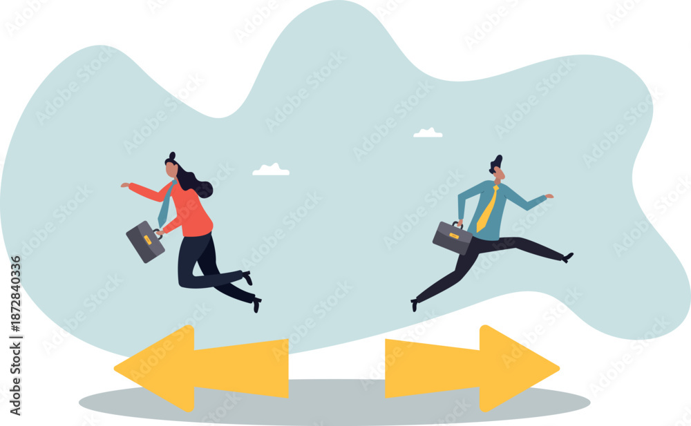 Fototapeta premium Different individual way, different business direction or team conflict, opposite decision,about a man and his life.