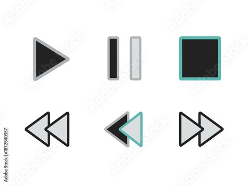 Flat design media player control icons set play pause stop rewind skip forward backward symbols.