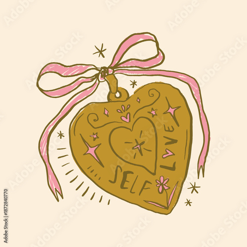 Cute Vintage Golden Locket In Heart Shape With Whimsical CoquetteCore Bow Hand-Drawn Self-Love Inscription Heart Charm Aesthetic Sketch EPS Clip-art