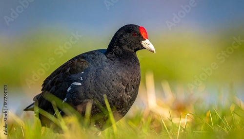 Close-up of a striking black bird with a red head and white beak in the grass.