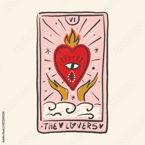 The Lovers sixth major arcana tarot hand drawn picture. Eternal love sacred heart concept. Mystical esoteric interior poster or t-shirt print and Valentine card. Vector illustration EPS JPG clip-art. 