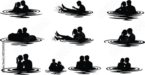 Silhouettes of couples in bathtubs with water ripples and splashes in black and white