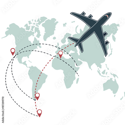 Airplane flying over map with travel routes and location pins