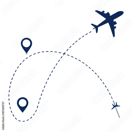 Dark blue airplane flying on curved dotted line with location pins