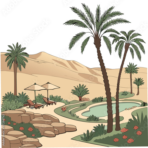 Desert oasis resort with palm trees and pool