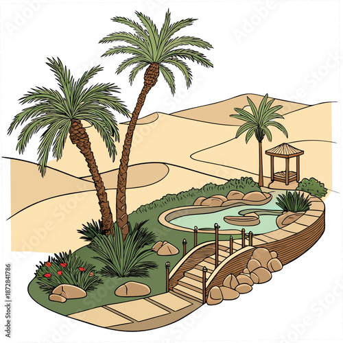 Desert oasis resort with palm trees and small pool