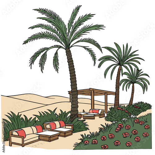 Desert resort garden with palm trees and seating area 1