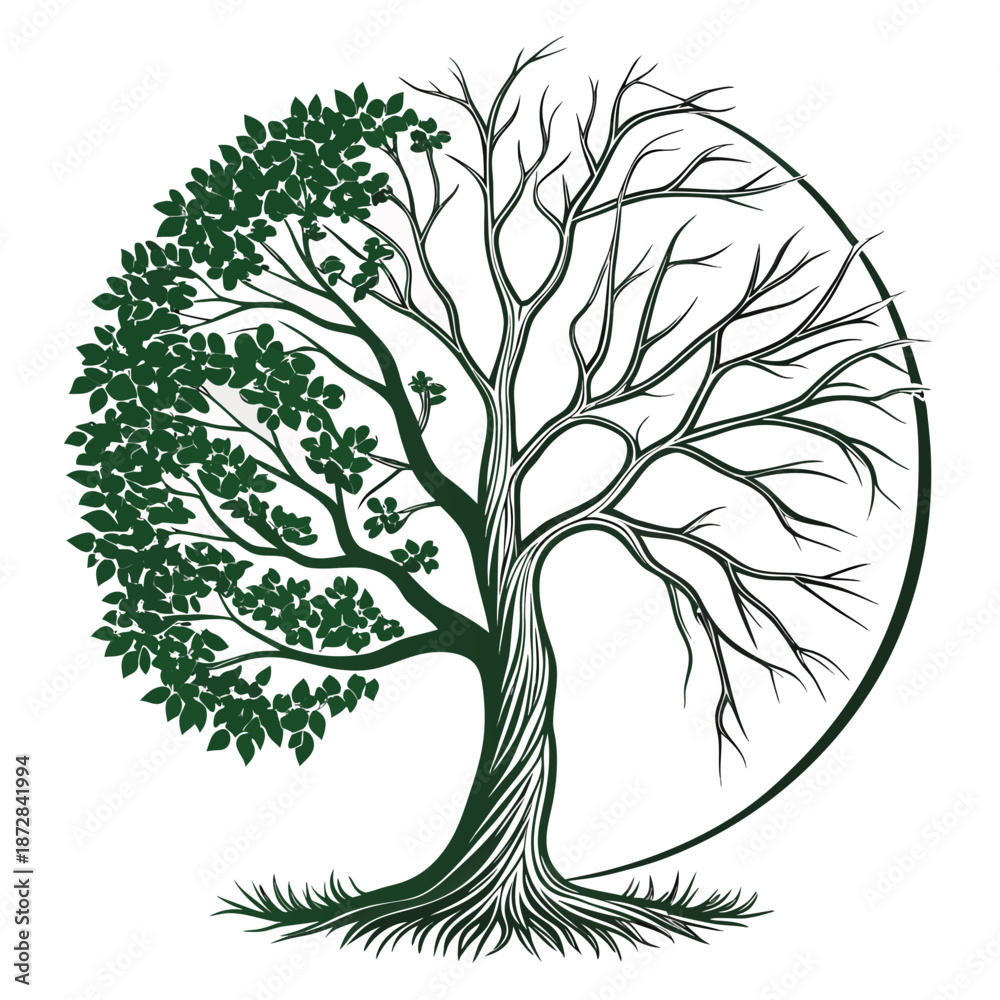 Obraz premium Tree with half green leaves and half bare branches in circular pattern