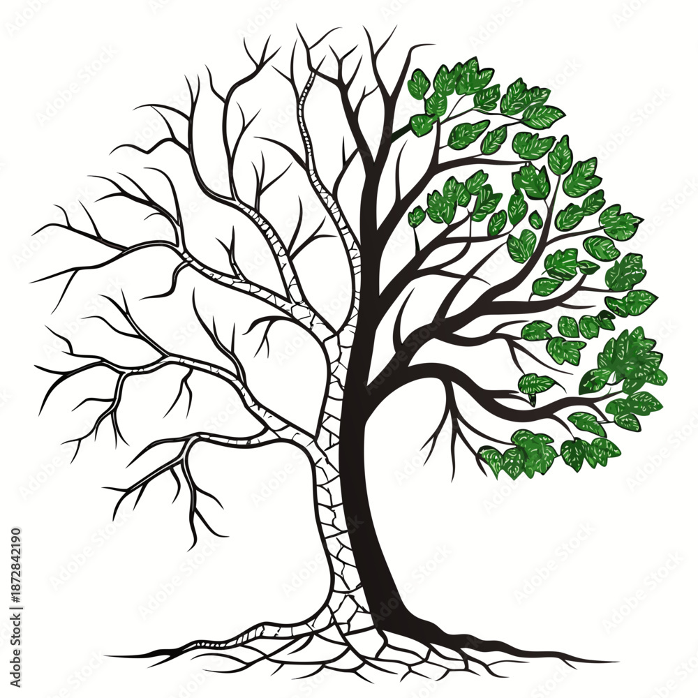 Obraz premium Of tree with half bare branches and half green leaves