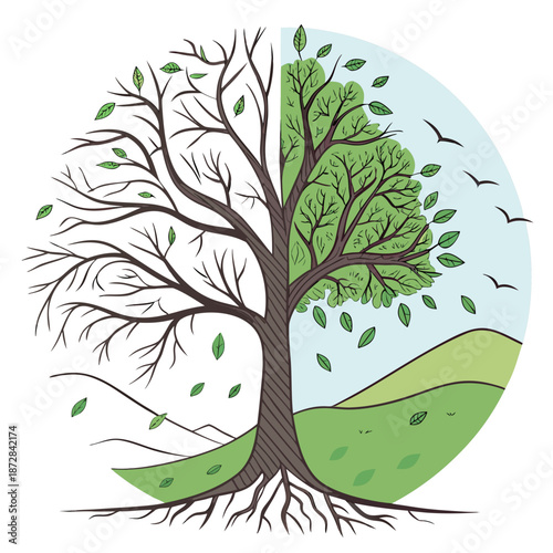 Tree with green and bare branches on grassy hill nature