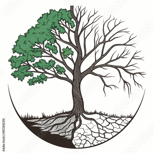 Tree with green leaves on one side and bare branches on the other 5