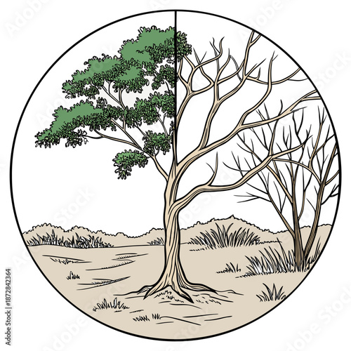 Tree with green and bare branches in a desert landscape