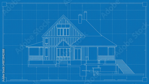 Architectural blueprint of a large house elevation with foundation and stairs drawing