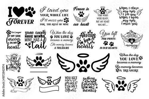 Pet Memorial Bundle Icon Set Paw Print Angel Wings Vector