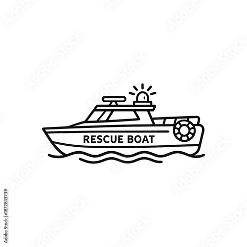 Minimalist illustration of a rescue boat afloat. Ideal for safetyrelated designs, infographics, childrens books, or educational materials about water emergencies.