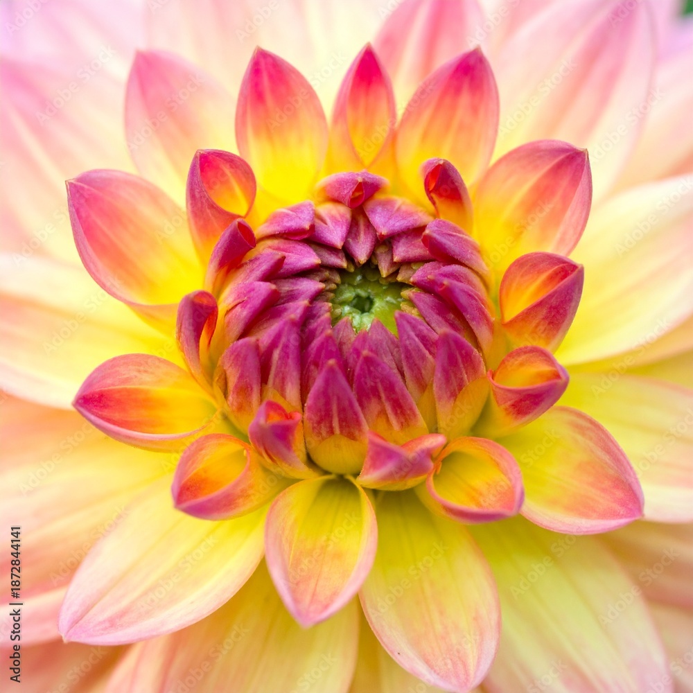 Fototapeta premium Close-up view of a vibrant dahlia flower with a mix of pink, yellow, and orange petals, showcasing intricate details.