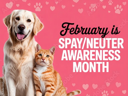 A golden retriever and an orange tabby cat on pink background for spay and neuter awareness month