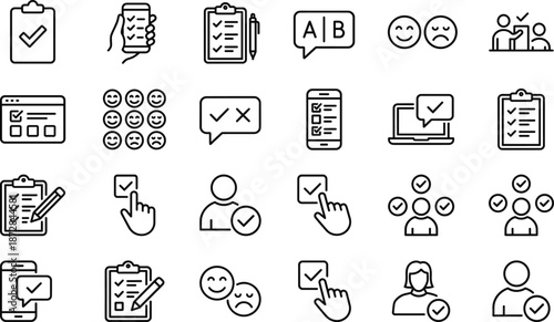 Checklist survey feedback outline icons set featuring evaluation forms ratings approvals voting user interaction symbols for modern interface design systems
