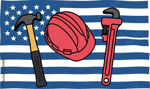 Construction tools hard hat wrench hammer American flag overlay