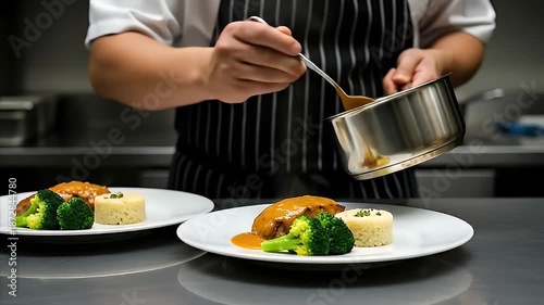 Chef drizzling savory sauce over gourmet dish in professional kitchen
