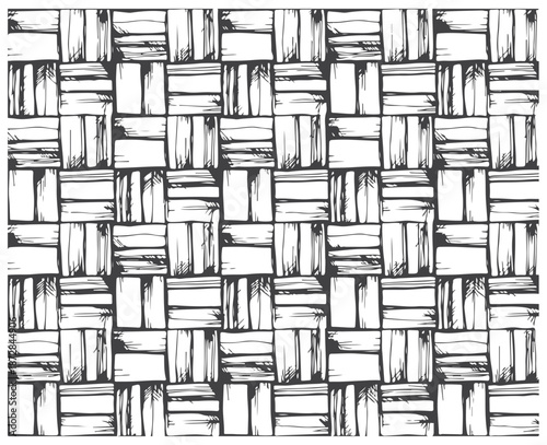 A black and white hand-drawn woven grid pattern featuring crosshatched squares. Great as a fabric, wallpaper, or design background with a textured, artisanal feel.