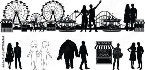 Silhouettes of people enjoying amusement park rides and stalls at night with Ferris wheels and roller coasters