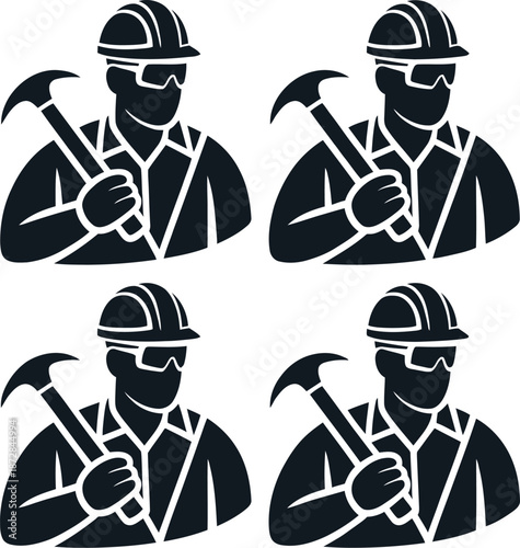 Construction worker with hammer wearing hard hat and safety glasses icon