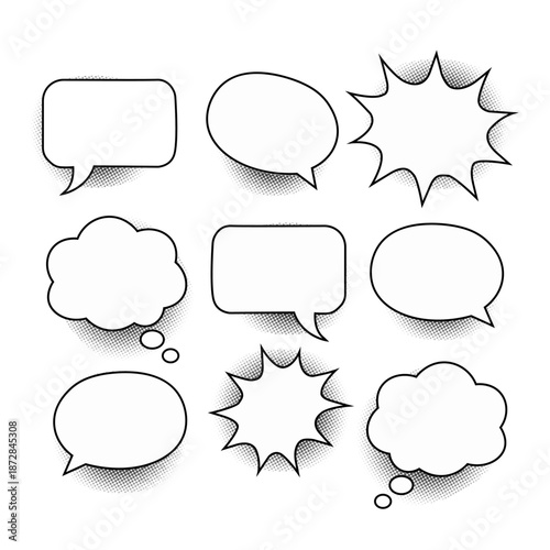 Set of retro comic speech bubbles and thought clouds with halftone shadows
