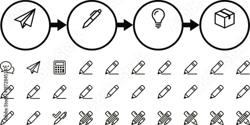 Creative workflow process icon set showing idea development design writing planning delivery steps with minimal outline vector symbols