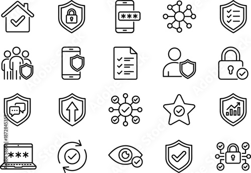 Cyber security line icon set featuring shield lock password verification network protection data privacy safety technology vector illustration