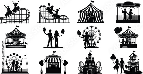 Silhouettes of people enjoying various amusement park rides and activities at night