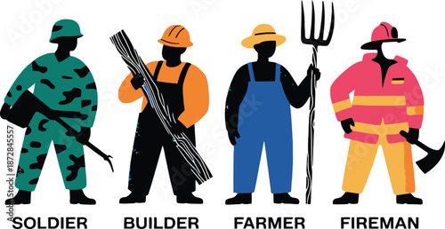 Diverse essential worker profession silhouettes soldier builder farmer fireman illustration