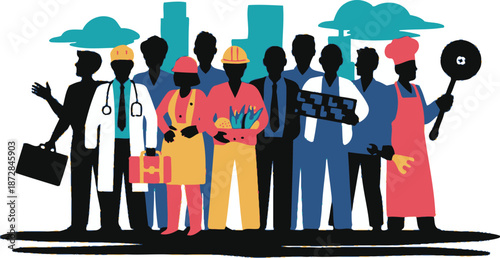 Diverse professional workers group silhouette in city scene