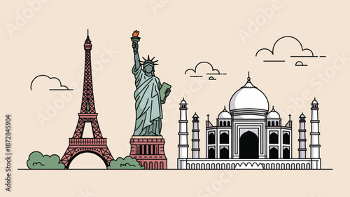 Famous world landmarks line art collection featuring Eiffel Tower Statue of Liberty Taj Mahal