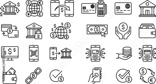 Financial banking and payment icons set vector illustration for digital finance fintech mobile banking money transfer security and ecommerce systems