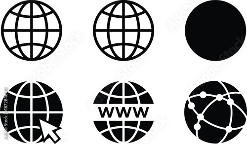 Global internet and web globe icons set vector illustration for worldwide network communication website navigation digital technology concepts