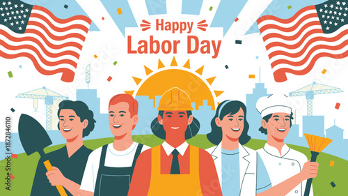 Diverse workers celebrating Happy Labor Day with city skyline American flags