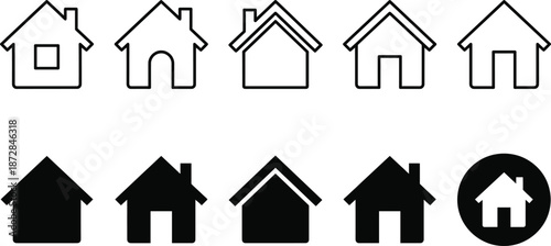 Home house icon set in outline and solid styles for real estate navigation property apps UI vector symbols