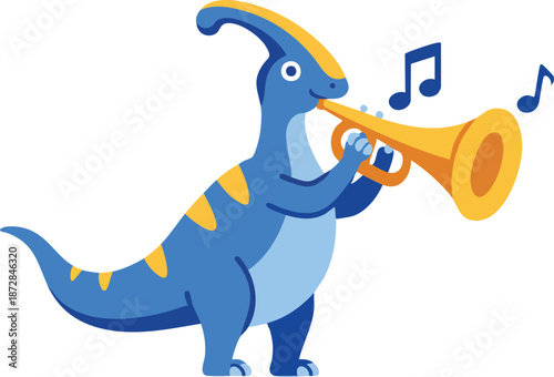 Cartoon dinosaur playing trumpet