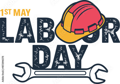 First May Labor Day illustration with safety hard hat and wrench