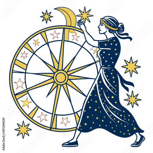 Celestial woman holding star and zodiac wheel with moon