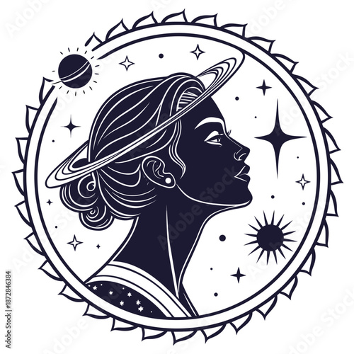 Cosmic woman portrait enclosed in celestial circle with stars and planets