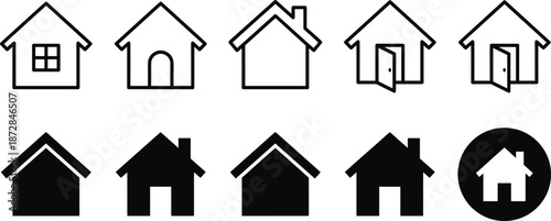 House home icon set with outline and solid styles for real estate navigation property UI vector symbols apps web interfaces