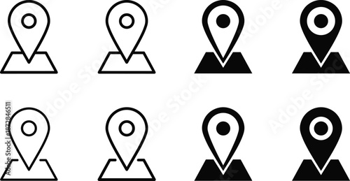 Location pin marker icon set in outline and solid styles for maps navigation GPS UI vector symbols collection