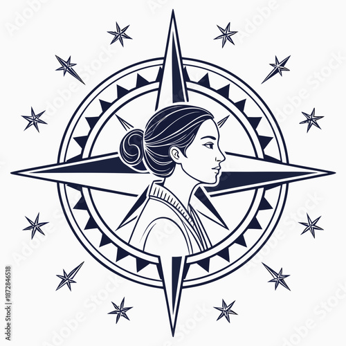 Woman framed by celestial compass navigation stars