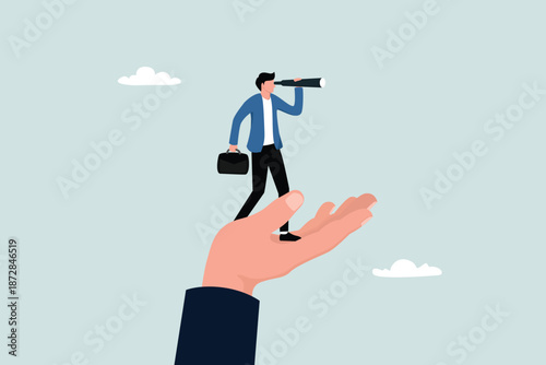 Observation, opportunity seeking, curiosity or scrutiny, checking out or discovering a new business, a curious entrepreneur looking through binoculars at a large hand.