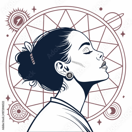Woman with dark hair in bun and astrology symbols portrait