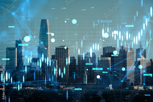 Financial market data overlay on San Francisco skyline showing growth and economic analysis concept with digital chart graphics. © Who is Danny